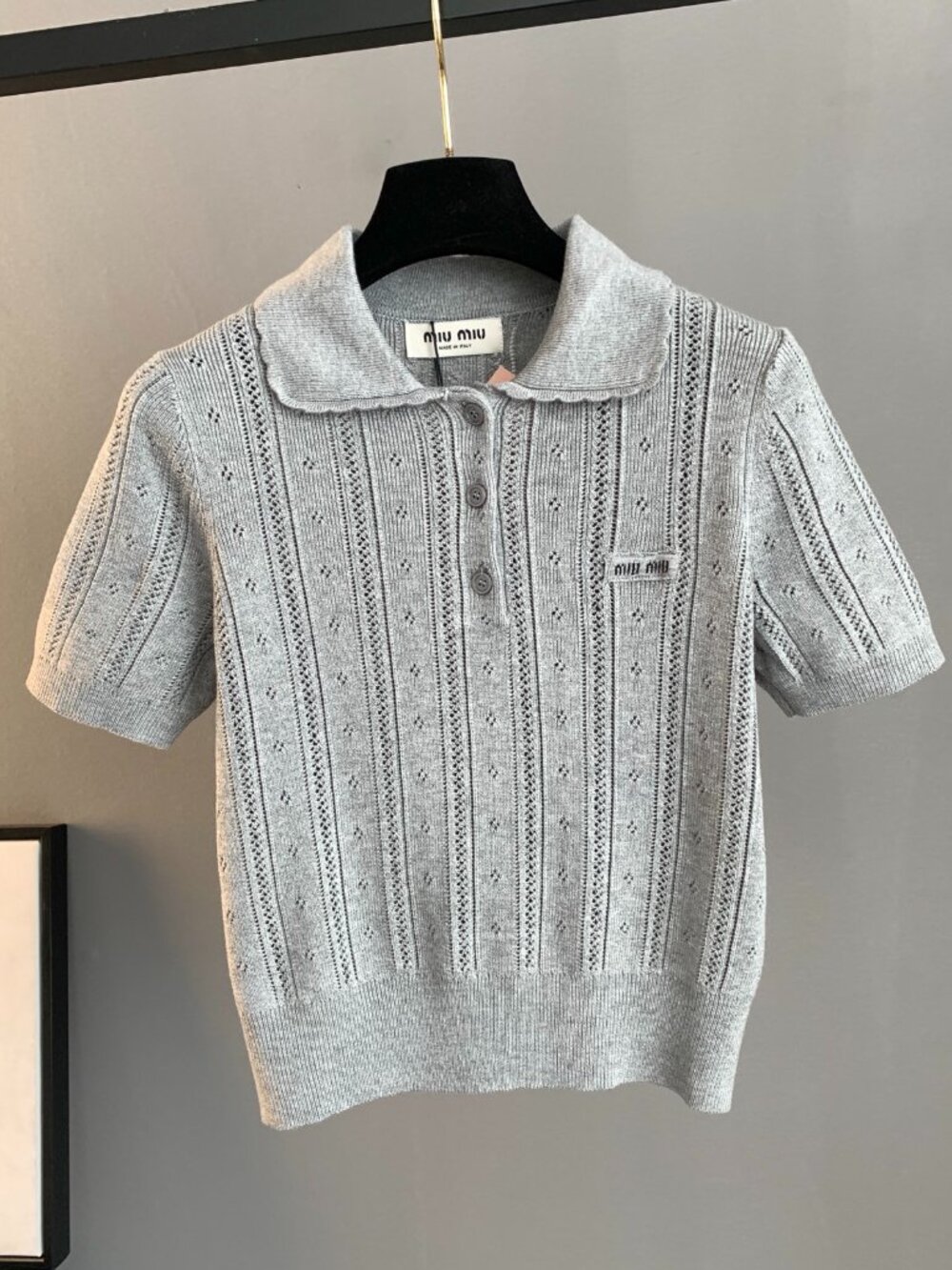 Grey Hollow Out Knit Polo Short Sleeve Top